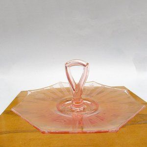 Pink Depression Glass Center Handle Octagon Tray Pastry Server Floral Etched